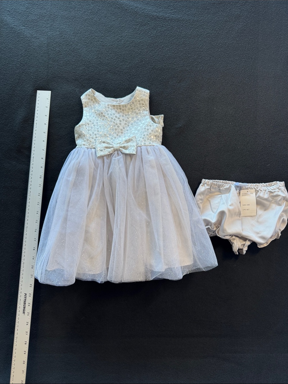 Pippa & Julie Silver White Sparkle Bow Tulle Dress with Bloomers